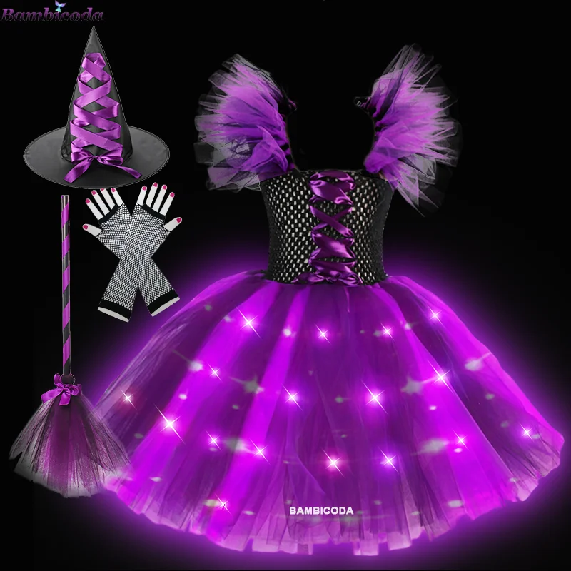 Costume Strega Bambina Con Luci LED - Completo Di Cappello E Bacchetta