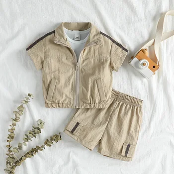 Bbaby Boys For 1-3Y Set 2025 Summer Cool Boys' Zipper Short Sleeve Coat Sports Shorts Kids Clothing Suits Casual Daily Wear 1