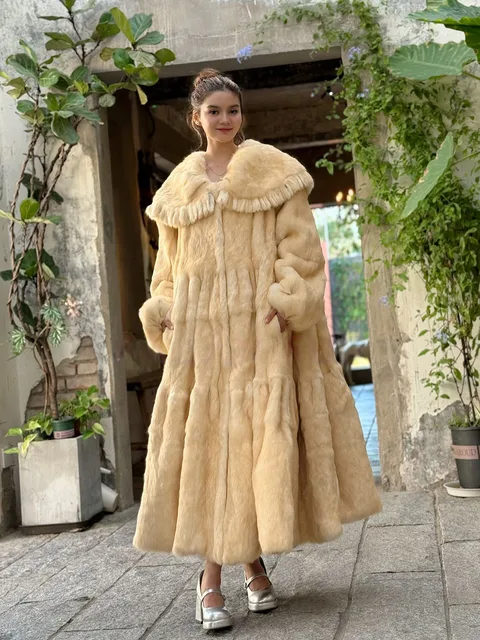 Manteau Long en fourrure d'angora pour femme, jupe de Style coréen, ourlet, manches lanternes, col de poupée lapin, vêtements d'extérieur, automne et hiver 1
