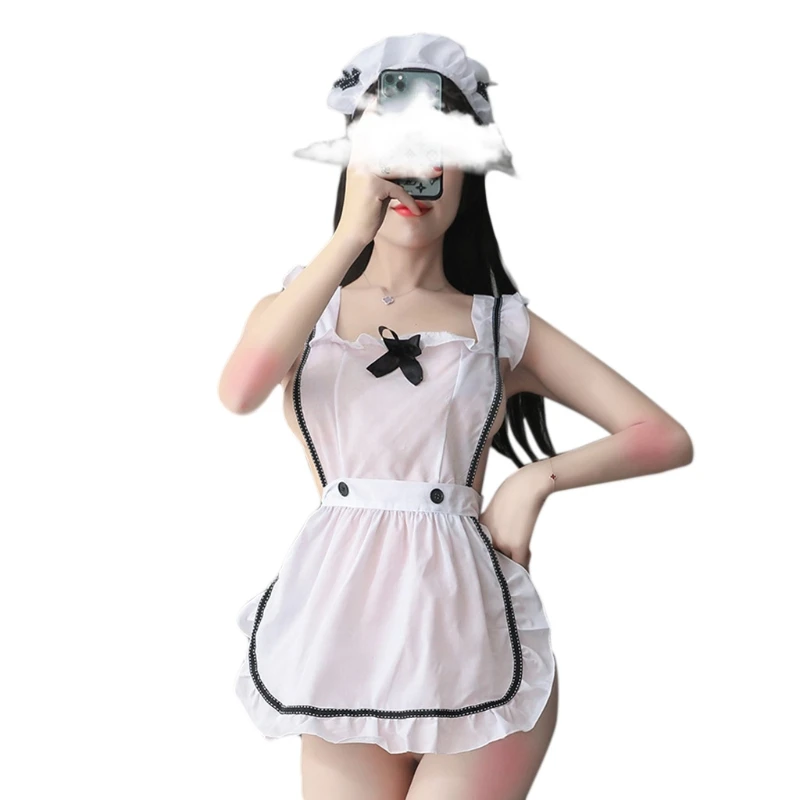 

Women Sexy Lolita Maid Lingerie Set Ruffled Apron Dress Cosplay Uniform Outfits