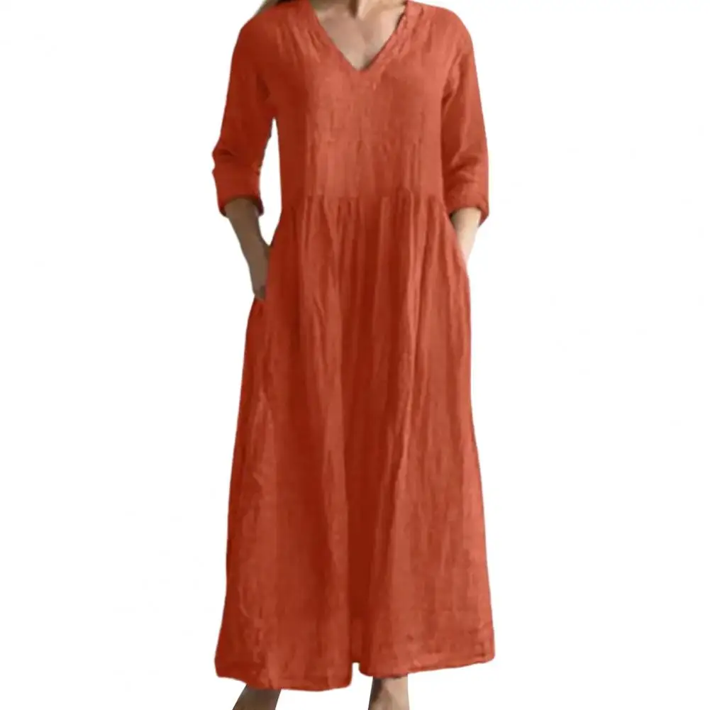

Women Dress V Neck Half Sleeve Pockets Loose Ankle Length Soft Breathable Pleated Patchwork Lady Summer Fall Maxi Dress