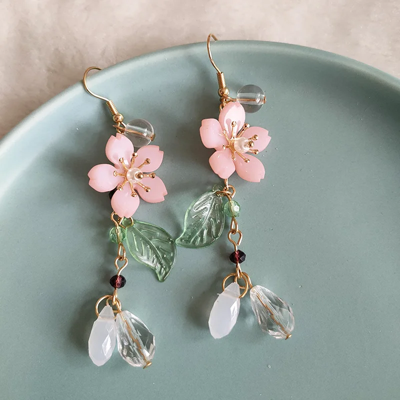 Spring Pink Flower Dangle Earrings for Women Fairy Charms Floral Leaf Earrings Summer Holiday Pendants Jewelry Gifts