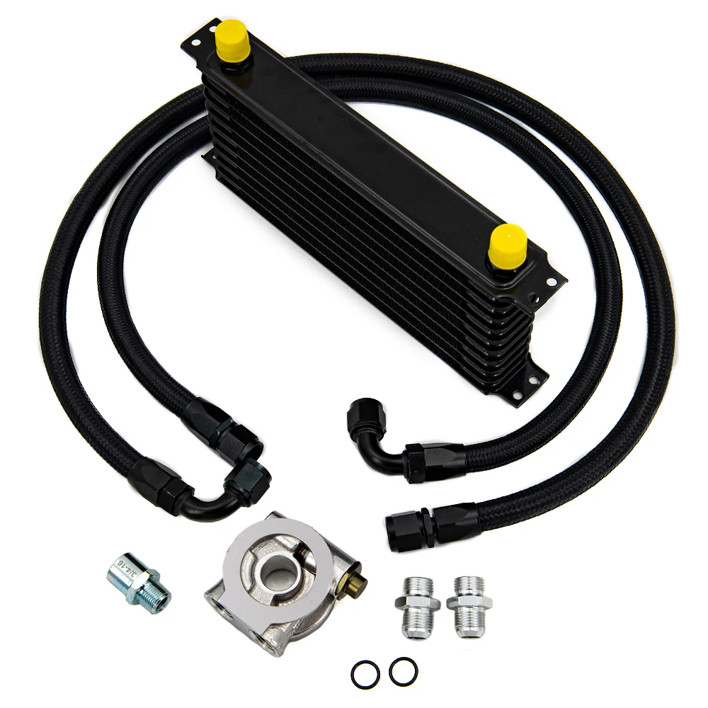 Oil Cooler Kit 10 Rows Transmission Oil Filter Adapter Nylon Stainless Steel Braided Hose Thermostat Adapter