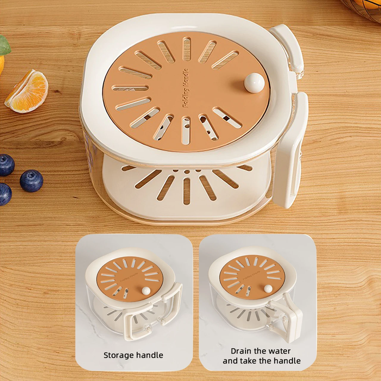 Double Layer Drain Basket with Lid Plastic Fruit Vegetable Strainer with Telescopic Handle Kitchen Drying Colander