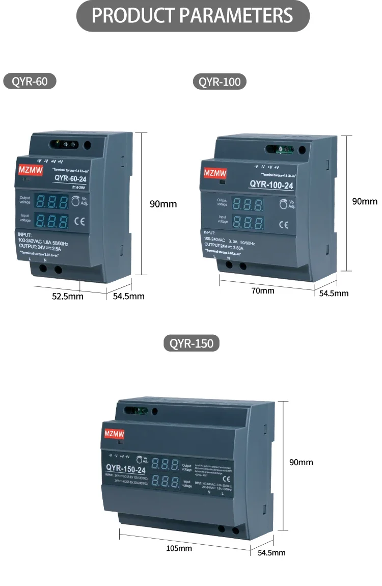 Description Picture 5 of itemQYR DIN Rail Switching Power Supply Series AC To DC 100W 100-240VAC 12V 24VDC Transformers Industrial Adapter Digital Display