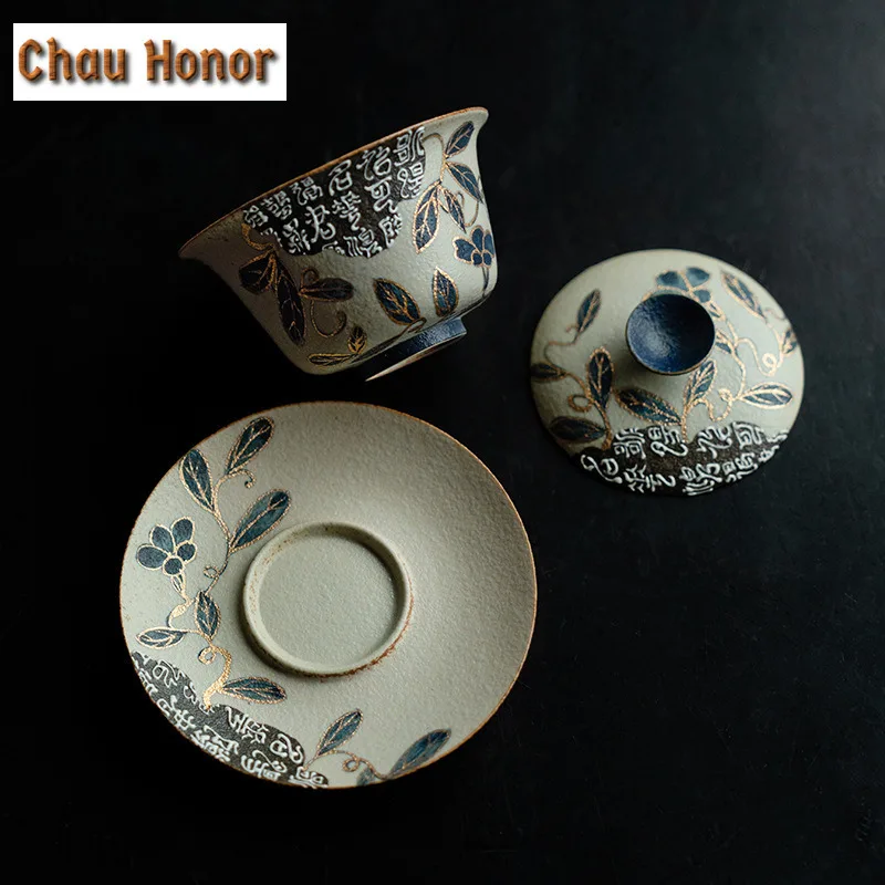 Boutique Blue And White Flint Red Gaiwan Handmade Gold Drawing Entwined Lotus Covered Bowl Tea Making Tea Bowl Kung Fu Teaset