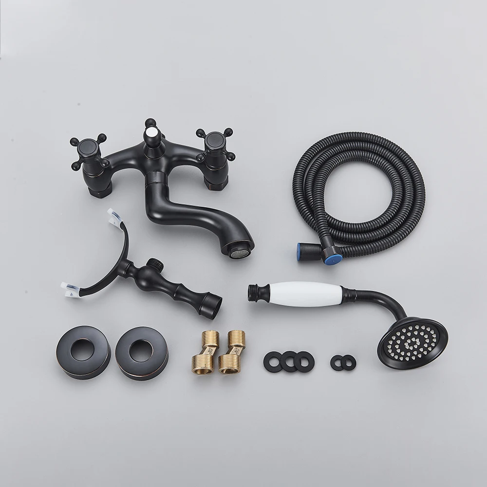 Black Bronze Bathtub Faucet Dual Handle Handheld Bath Shower with Hand Shower Wall Mount Swivel Spout Tub Sink Mixer Faucet 5