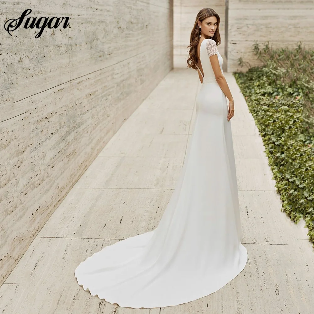 Elegant A-Line Satin Wedding Dresses Short Sleeves Scoop Neck Bridal Gowns Sexy Backless Beach Brides Dress Robes de marié 5