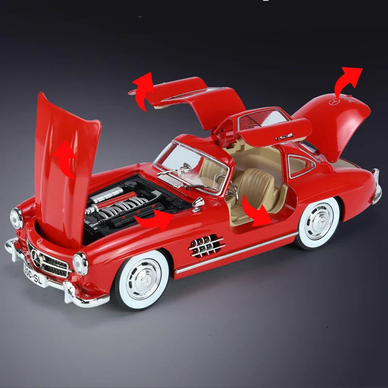 Фото Модель автомобиля из сплава 1:24 Benzs 300SL, литой металлический игрушечный классический автомобиль, модель автомобиля, имитация звука, фотоколлекция, детские подарки №4