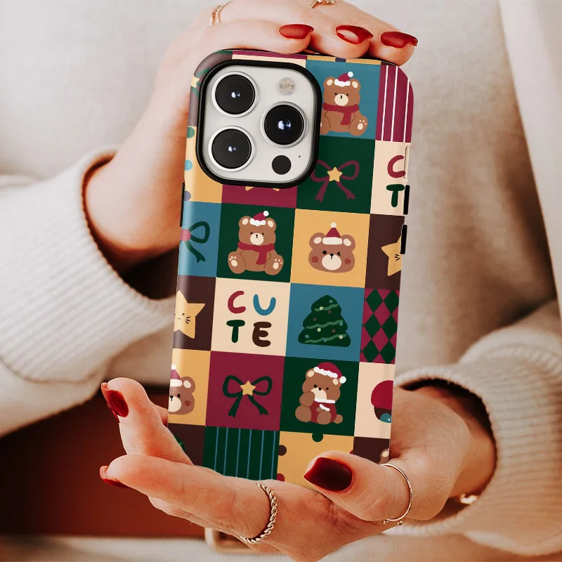 Retro Christmas Pattern Shockproof Bumper Phone Case with 2-in-1 Film Shell