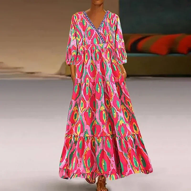 

Женское длинное офисное платье с принтом, элегантное богемное Платье макси с V-образным вырезом и рукавом 2024, осень 3/4