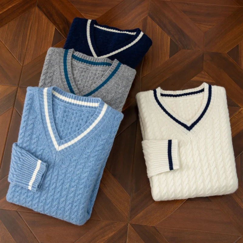 S-XXXL New men's 100% wool V-neck color blocked sweater for autumn and winter, casual knitted pullover full sleeve men's sweater 6