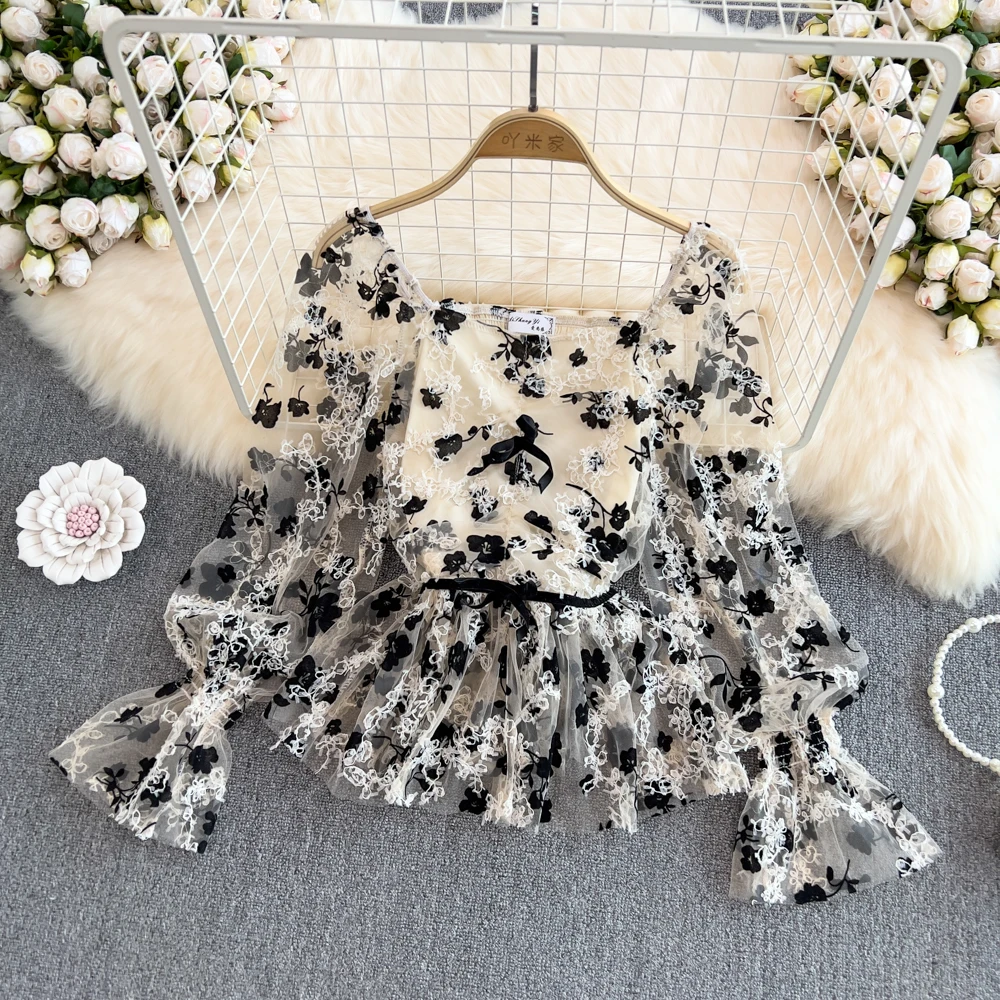 

Square Neck Floral Short Pullover Chiffon Shirt Women's 2022 Spring French Top Waist Puff Sleeves Small Shirt