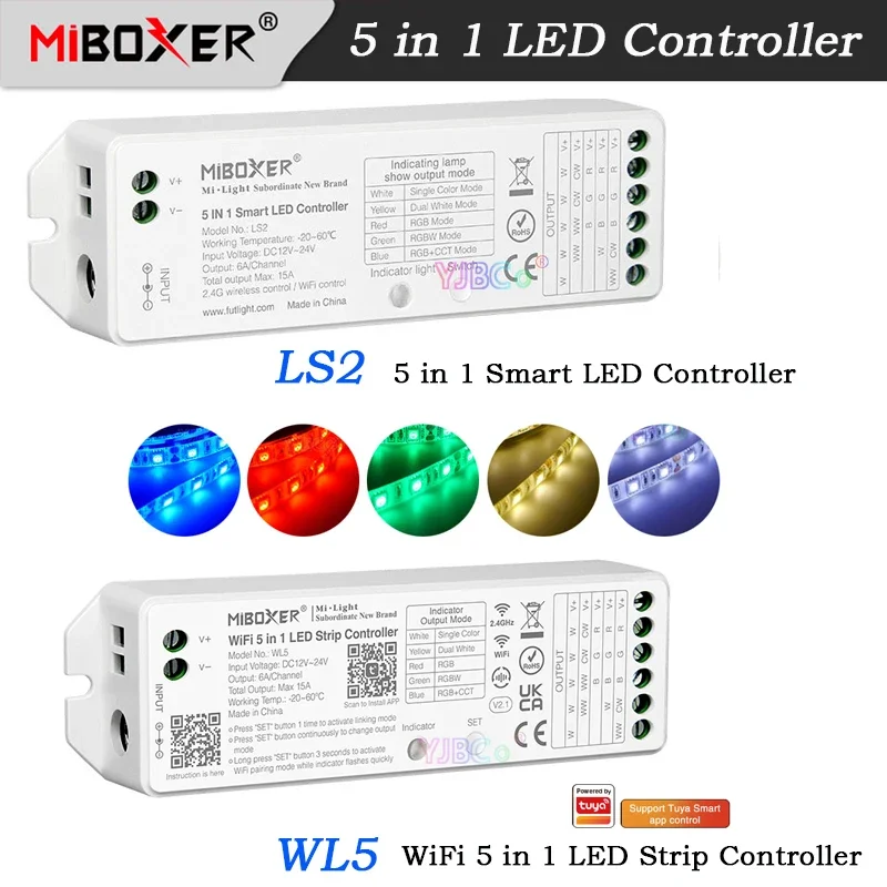 Moboxer WL5 WiFi 5 in 1 LED Strip Controller Single Color/CCT/RGB/RGBW/RGB CCT Light Tape dimmer 12V 24V LS2 2.4G Remote control