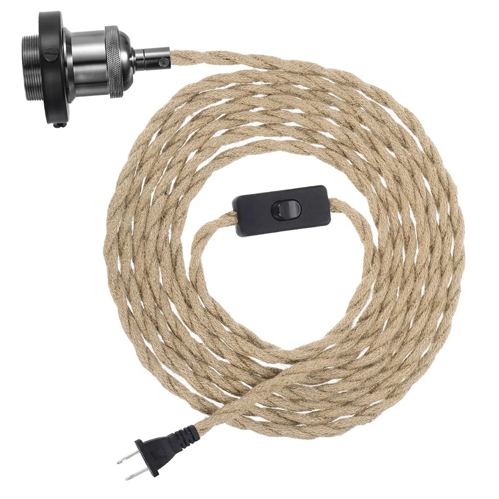 펜던트 라이트 코드 키트 플러그 인 E26 소켓, 빈티지 트위스트 로프, 블랙 샹들리에 스위치 전원 코드, 전선 케이블, 15.4ft