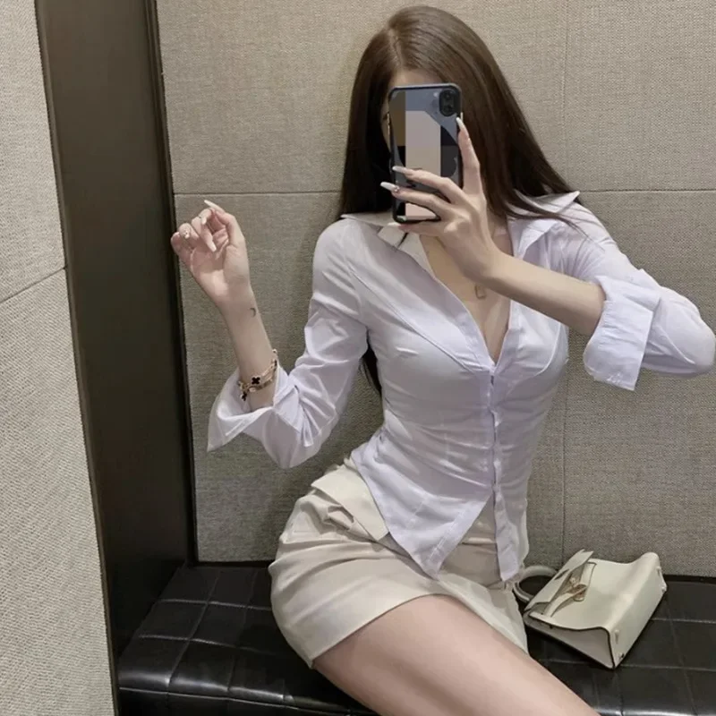 Sexy V-neck White Shirt Women's Early Autumn Tightening Slimming Waist-fitted French Jk Uniform Waist-fitted Spicy Beauty Top