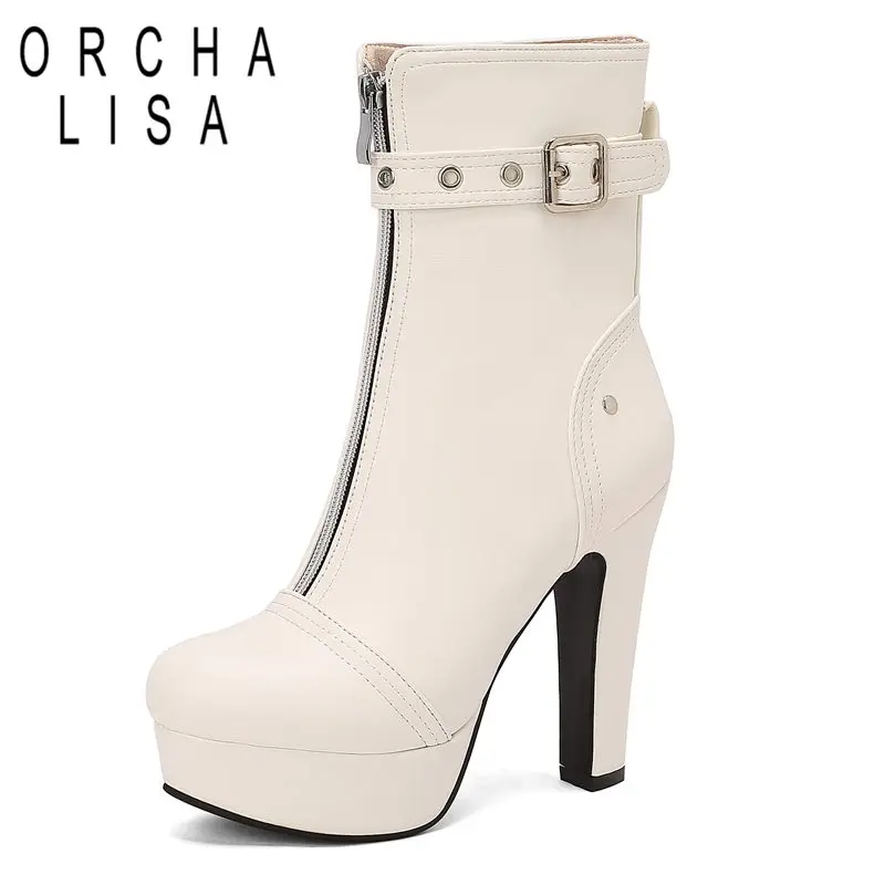 

ORCHALISA Brand Female Ankle Boots Round Toe Block High Heels 12cm Platform Zipper Belt Buckle Plus Size 49 50 Sexy Dating Bota