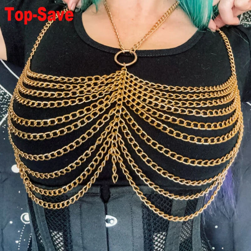 2025 neue Sexy Frauen Crop Top Metall Brust Kette Abend Party Kostüm Zubehör Einstellbare Gold Silber Schmuck Nachtclub Prom