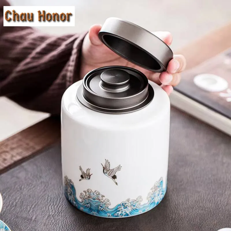 Mutton Fat Jade White Porcelain Auspicious Crane Guanhai Ceramics Tea Canister Candy Spices Storage Container Tea Ceremony Gift