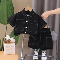 Vêtements d'été pour enfants garçons, vêtements de travail solides, T-Shirts à manches courtes avec dessin animé, pantalons courts, ensemble de survêtement 1