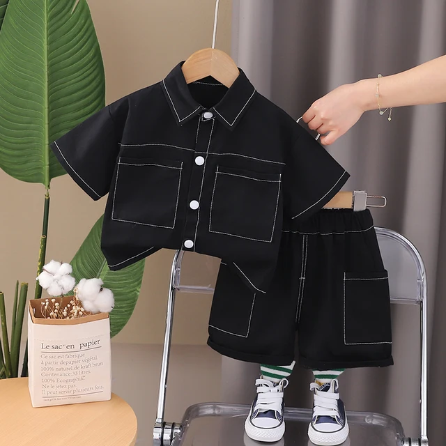 Vêtements d'été pour enfants garçons, vêtements de travail solides, T-Shirts à manches courtes avec dessin animé, pantalons courts, ensemble de survêtement 1