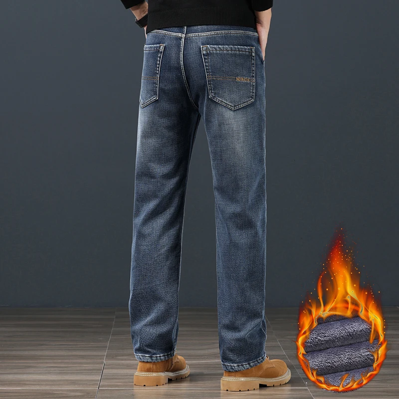 Winter Fleece Men Jeans Classic Loose Straight Warm Thicken Trousers Business Casual Velvet Elastic Denim Pants Plus Size 42 44 4
