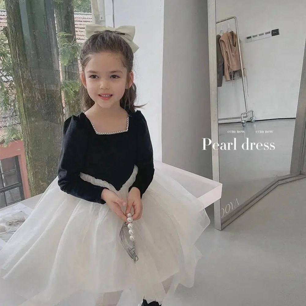 

Girls Long Sleeve Party Dress Children Square Pearl Collar Princess Dress Clothing Toddler Girl Patchwork Dresses for Girls 6 8