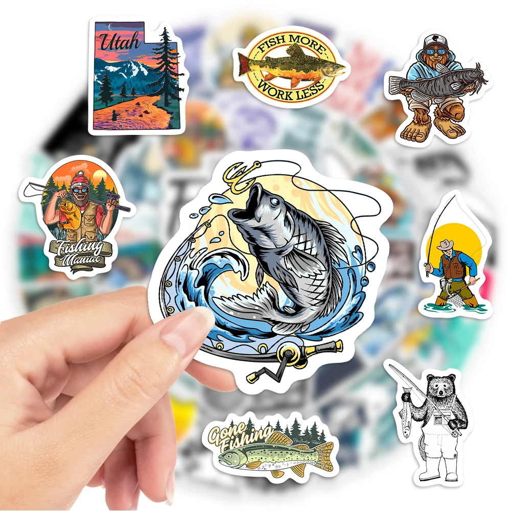 Travel Fisher Go Fishing Outdoor Stickers for Laptop Luggage Phone Scooter Fish Decal for Kids Children Gift Toys Waterproof PVC