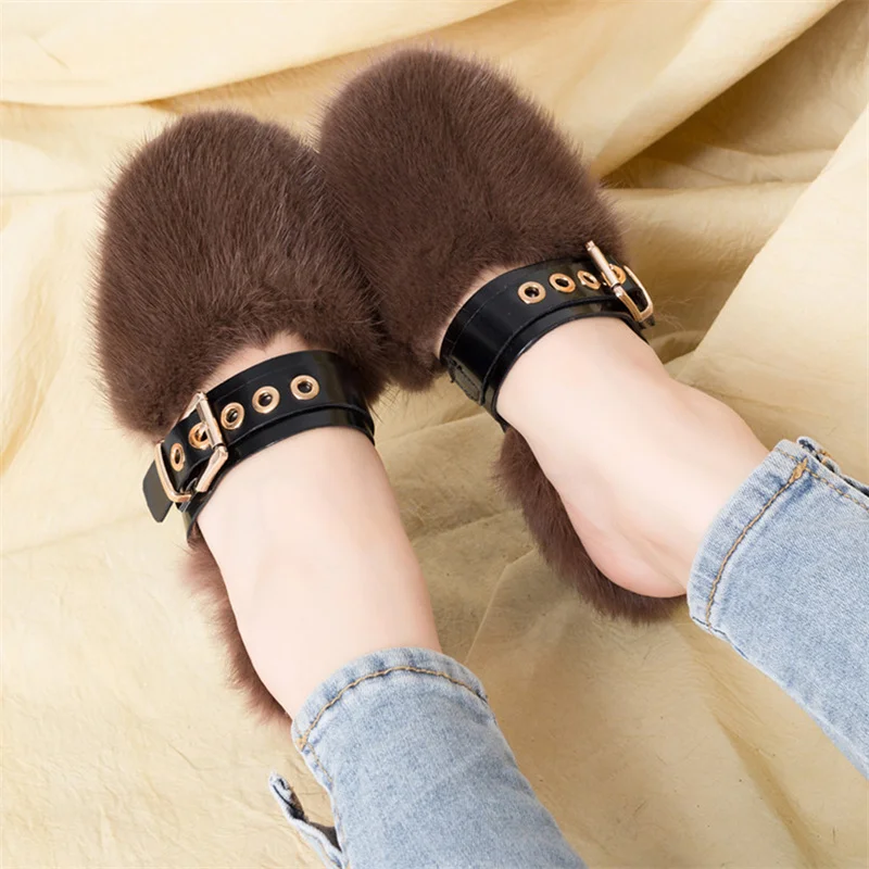 Fur Slippers Thick Sole Thick Heel Mink Fur Non-Slip Slippers Flip-Flops Women's Sandals Women's Fashion Soft Sole Lndoor Slides