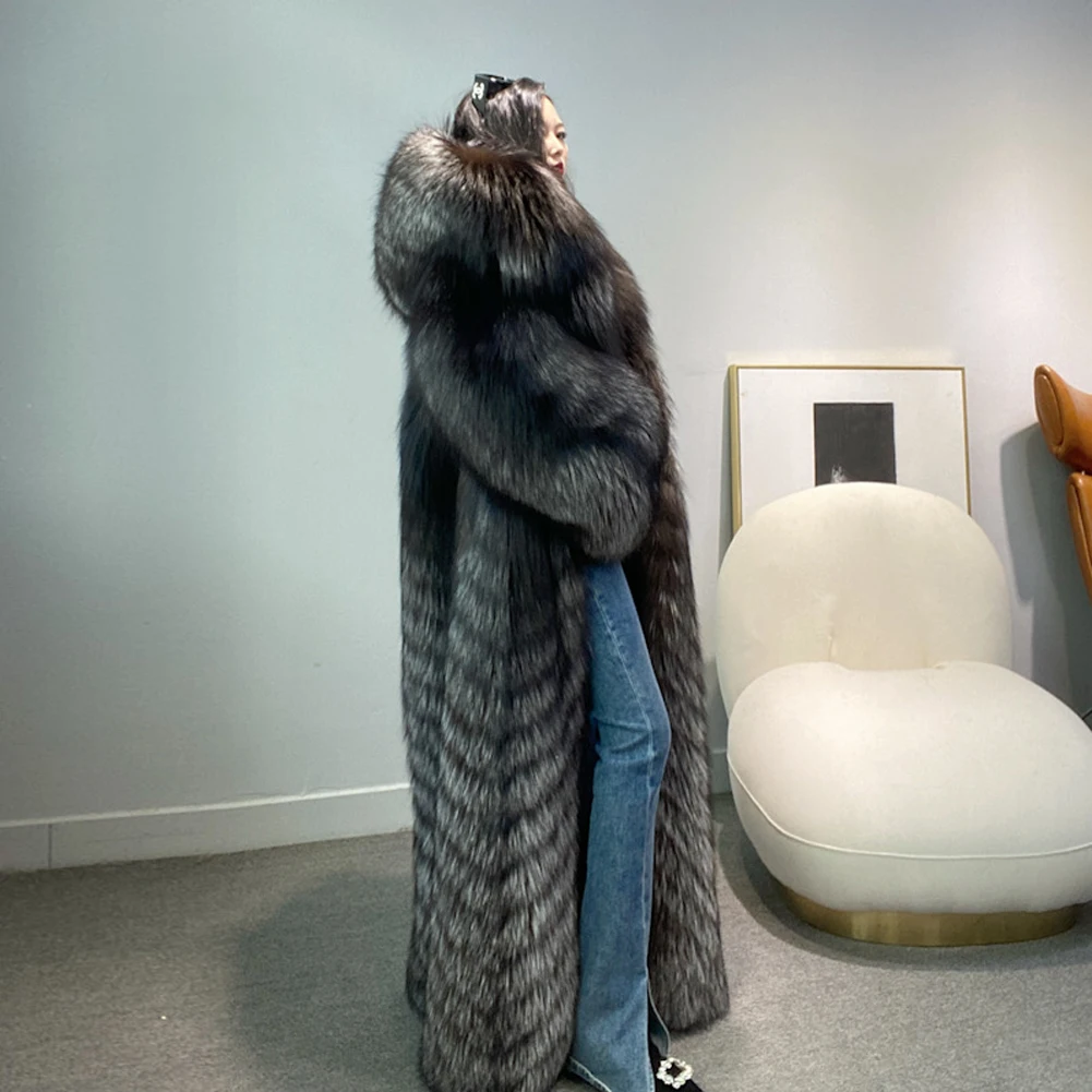 Denny&Dora Women's Silver Fox Fur Coat Genuine With Big Hood