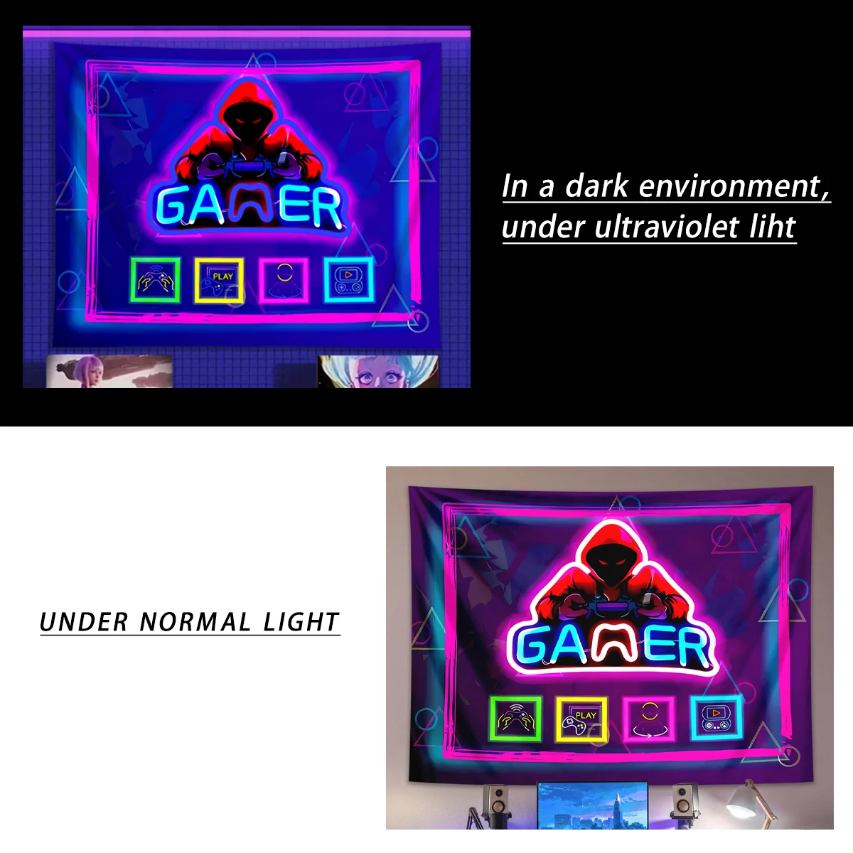 Tapestry Decorations 1pc Punk style Game fluorescent tapestry, UV reactive tapestry, boys' esports room decoration neon light effect tapestry