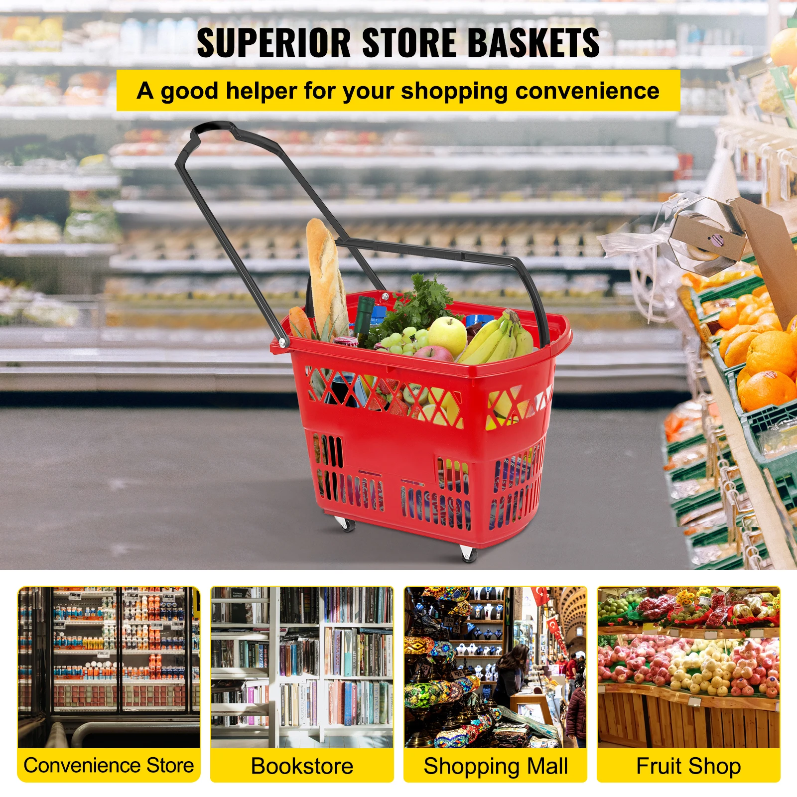 Plastic Rolling Shopping Basket with Wheels and Handles