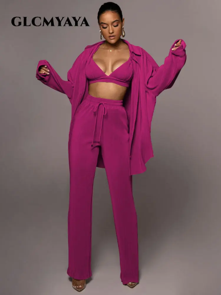 

GLCMYAYA Street Pleated Women's Set Long Sleeve Shirt + Bra and Straight Pants Suit INS Chic Two 2 Piece Set Outfit Tracksuit