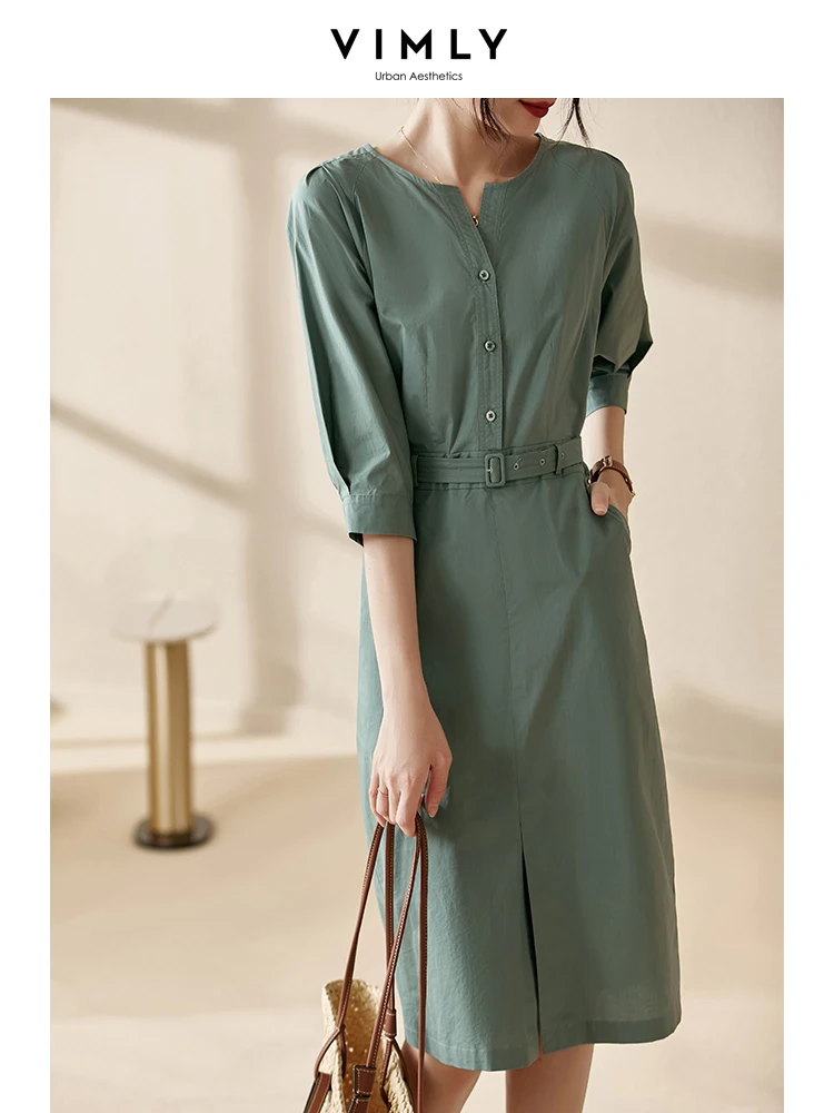 Vimly Summer Shirt Dresses Women Spring 2023 Cotton 100 Front Split V