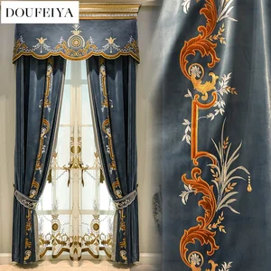 European Blue Embroidered Velvet Curtains for Living Room Luxury Bedroom Dining Blackout Thicken White Tulle Valance Window