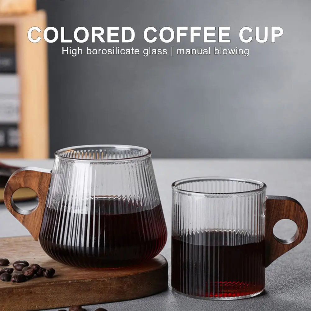 Glass Coffee Mug Japanese-Style Glass Cup with Wooden Handle Vertical Stripes Tea Milk Cup Home Office Drinkware Beer Mug Gift