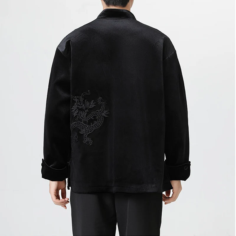 Autumn Winter Velvet Jacket Men's New Chinese Style Vintage Tang Costume Traditional Dragon Embroidery Coat Large Size 5XL Top