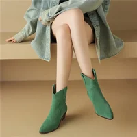 Womens Chelsea Boots for Spring Autumn Cow Suede Pointy Toe Chunky Heel Stitched Ankle Boots Winter Shoes Woman Western Botas - Image 4