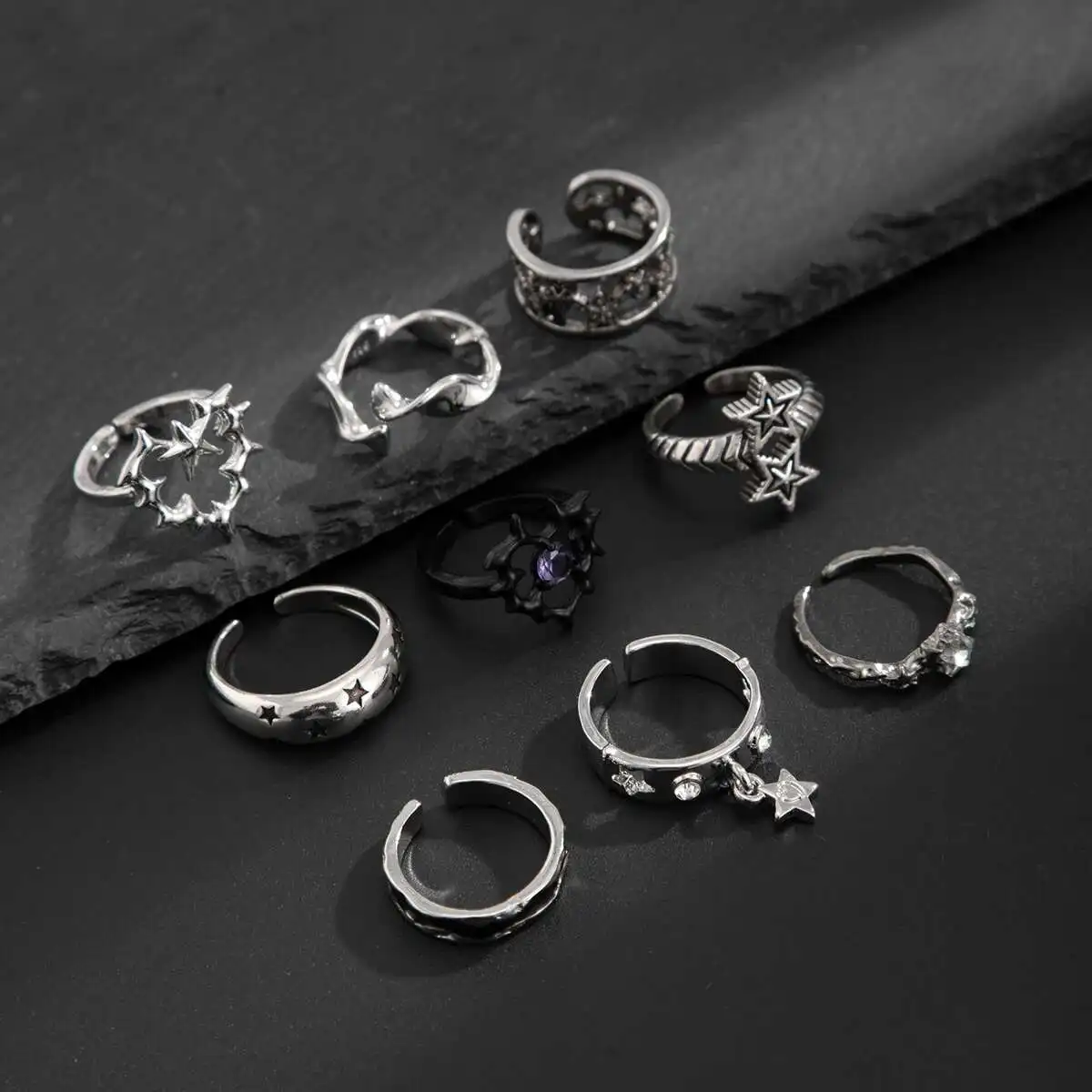 Ingemark 9 Teile/satz Goth Alte Silber Farbe Offene Ringe für Männer 2025 Trend Vintage Metall Stern Hohl Fledermaus Form Ringe männlichen Schmuck – Detail 10