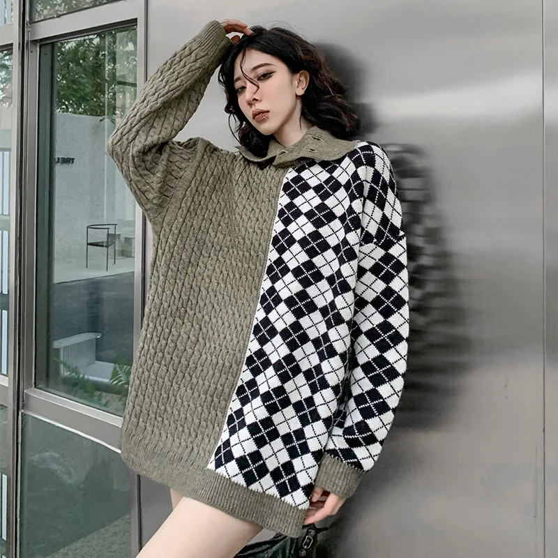 

2023 Autumn Winter Korean Fashion Woman Sweater Casual Pullover Loose Plus Size Turtleneck Plaid Stitching Women Knitting Tops