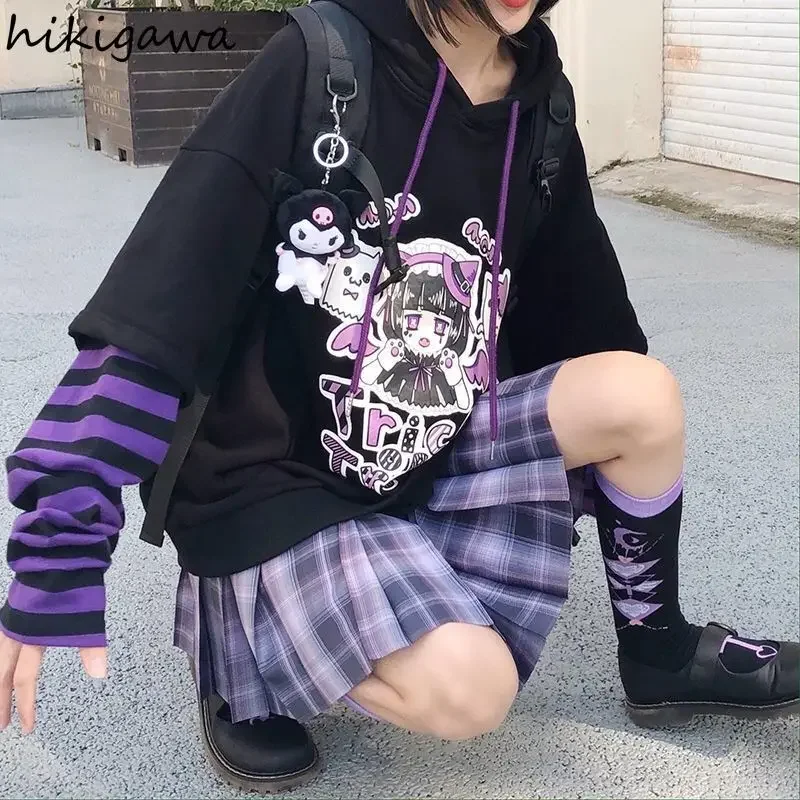 Hikigawa Hoodie Fake Two Piece Hooded Sweatshirt Striped