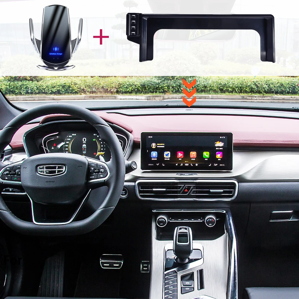 Autotelefonhalter für Geely Coolray 2021 2022 2023 2024, 10,25-Zoll-Bildschirm, feste Basis, kabelloser Ladeständer, Handyhalterungen