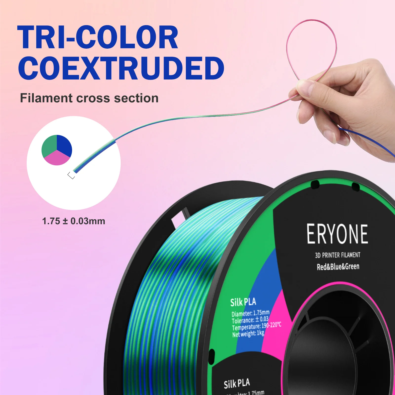 3D Printer Filament, Tri-Colors PLA Filament 1.75Mm, Coextrusion