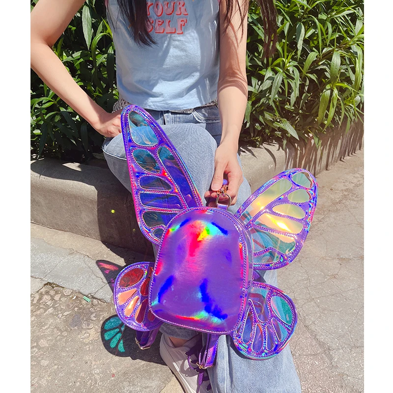 Cute Women's Laser Small Backpack Butterfly Angel Wings Daypack for Girls Travel Casual Daypack School Bag Holographic Leather fashionable travel backpacks