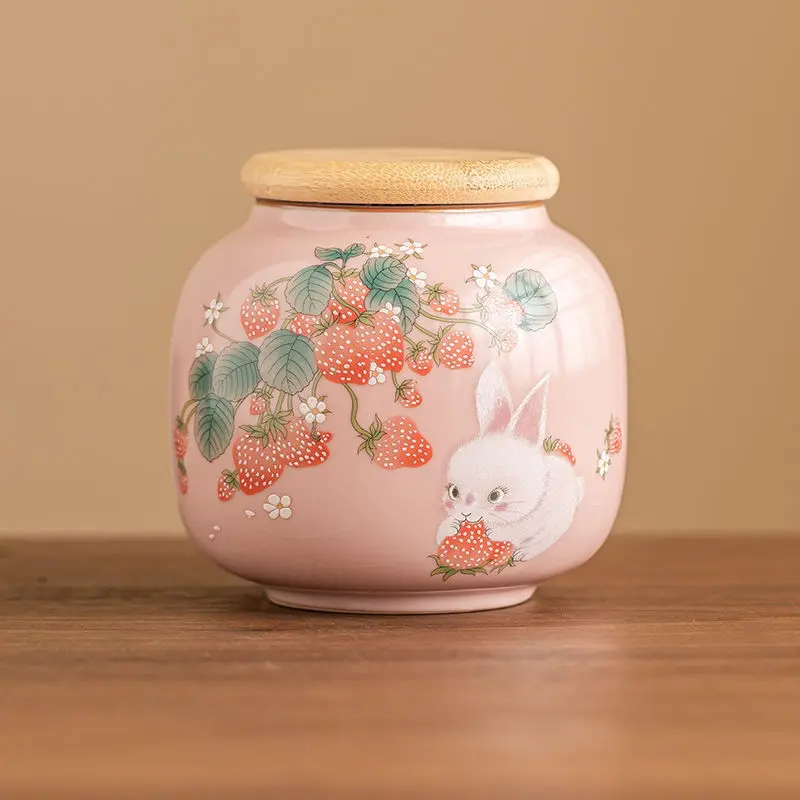 Creative Cute Strawberry Bunny Ceramic Storage Jar Portable Sealed Tea Jar Delicate Cartoon Bunny Storage Container Home Decor