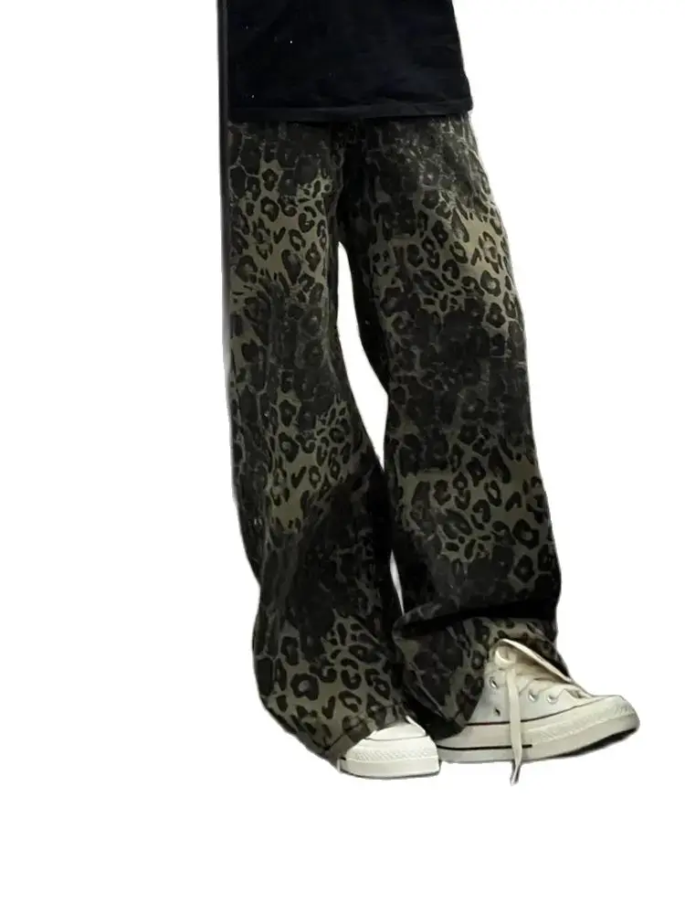 Jeans Leopard Tan Woman Denim Pants Wide Leg Trousers Streetwear Hip Hop Vintage Clothes Loose High Street Loose Slimming Jeans