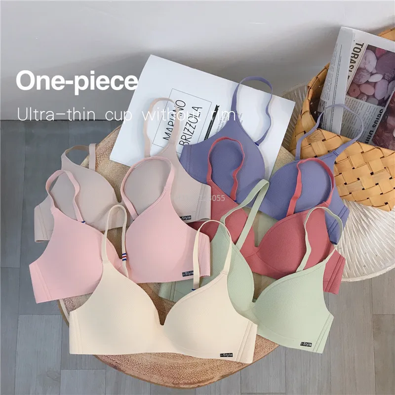 Summer Lingerie No Steel Ring Thin Small Chest Gathered One-piece Type Non-traceless Glossy Light Large Size Clothing Bra A B_voghion.com