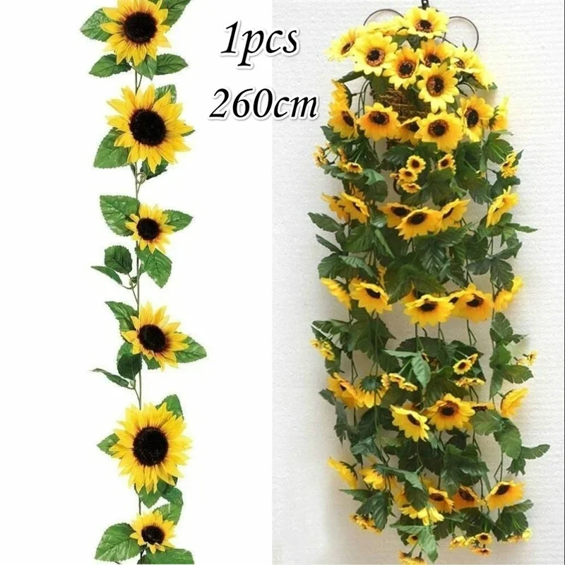 260cm Simulated Sunflower Vine Sunflower Flower Wreath Home Pipe Wrapped Decorative Flower Strip Wedding Flower Arch Decoration
