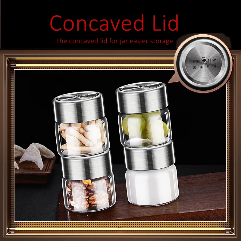 LFGB Certificate High-borosilicate Glass Subpackge Jar Fall Cold and Heat Resistant 100ml 250ml 330ml Concave Lid Bottle 4 Pcs