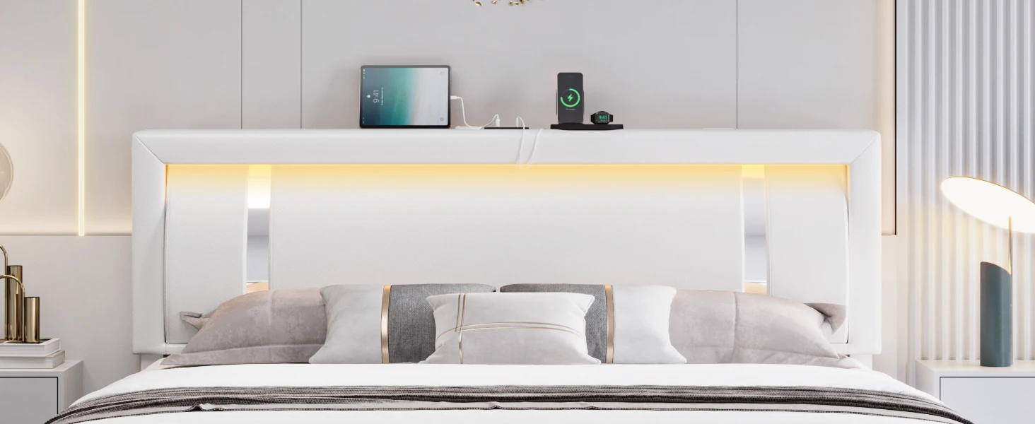 Description Picture 4 of itemFull Size Bed Frame with RGB LED Lights Headboard, 2 Storage Drawers, Upholstered Faux Leather, USB Ports, No Box Spring, White